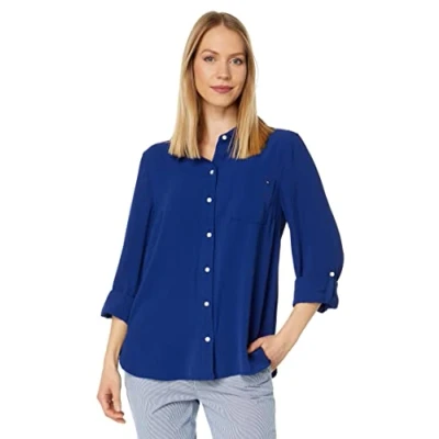 Imagen de Tommy Hilfiger Button Down Shirts For Women, Casual Tops Camisa Abotonada, Azul (Deep Sea), XS para Mujer