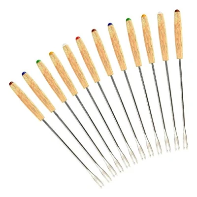 Imagen de GuDoQi Tenedores para Fondue de Acero Inoxidable, Juego 12, Palos Asar Malvavisco, Mango Madera Resistente Al Calor, Queso, Frutas, Chocolate, Asados (24 cm)