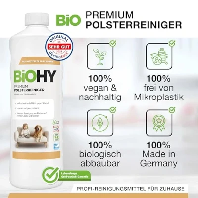 Imagen de BiOHY Limpiador de Tapicerías Premium (2 botellas 1 litro) Concentrado para muebles tapizados, sofás, alfombras y textiles quitamanchas que disuelven el olor (Premium Polster)