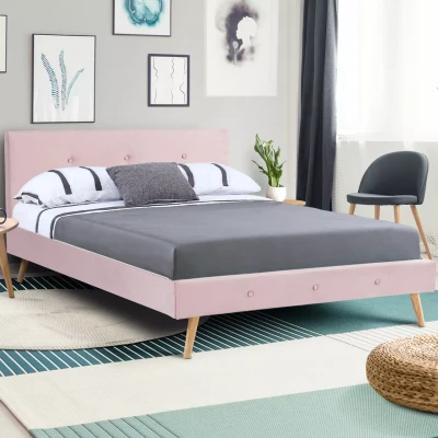 Imagen de IDMarket Oslo Cama doble escandinava con cabecera y somier de 140 x 190 cm, tejido rosa claro, efecto terciopelo