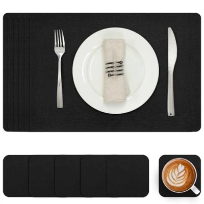 Imagen de Myir JUN Manteles Individuales y Posavasos, Salvamanteles de Cuero Juego 6 Mantel Individual Lavables Antideslizant Mesa Impermeables (Negro, 6)