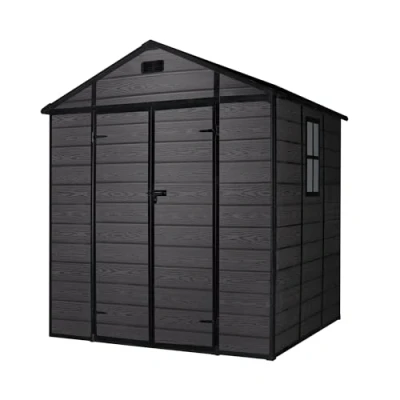 Imagen de Wasabi Caseta de Resina Jardín Aqua 4,6m2 Suelo Incluido Ventana Lateral Doble Puerta abatible Acabado Madera en Color Negro Paneles 12mm Espesor Cobertizo PVC Almacenaje Exterior