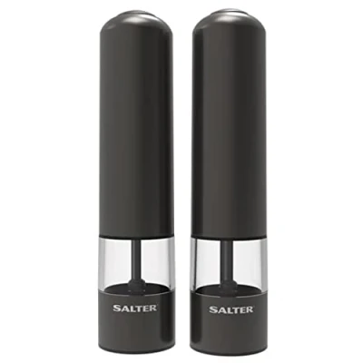 Imagen de Salter 7538 GMXR Molinillos recargables de sal y pimienta con cable USB, funcionamiento una mano, mecanismo cerámica, molido ajustable fino a grueso, acabado en acero inoxidable, plomo