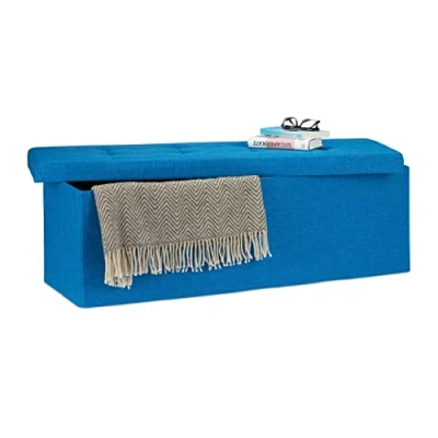 Imagen de Relaxdays 10019049_45 Baúl Almacenamiento Grande Plegable, Lino, Azul, 38 x 114 cm, Gomaespuma, Large