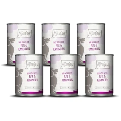 Imagen de MjAMjAM Comida húmeda Premium para Perros Duo de Buen Pavo y Conejo, Pack 6 (6 x 400 g), sin Cereales con Extra Carne