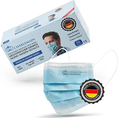 Imagen de Charlemain 50 Piezas Mascarilla quirúrgica, EN 14683 tipo IIR, protección médica de la boca y nariz, BFE &gt; 99%, 3 capas, resistente a las salpicaduras, inodoro, sin látex, Azul