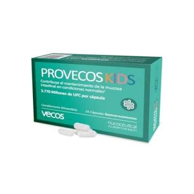 Imagen de Probióticos y Prebióticos para Regenerar la Flora Intestinal Infantil Provecos Kids 15 Cápsulas Gastrorresistentes Complemento Alimenticio Con más de 3 Millones UFC por Cápsula