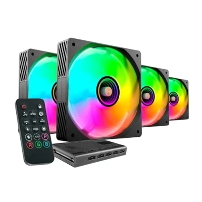 Imagen de Mars Gaming MF SI4KIT, Kit 4x Ventiladores Ultrasilenciosos 120mm, Iluminación ARGB Infinity Mirror, Rodamientos FDB y Núcleo de Cobre, Mando a Distancia HUB, Compatibilidad Total ARGB, Negro