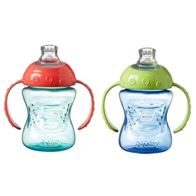 Imagen de Nuby Vaso de entrenamiento Grip N Sip con asa, caño suave y a prueba derrames, 240 ml, adecuado partir 4 meses (paquete 2, azul/verde)