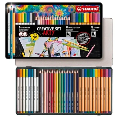 Imagen de SET creativo STABILO CREATIVE ARTY Estuche de metal con 12 rotuladores punta fina point 88, 8 premium pincel Pen 68 brush y 16 lápices color acuarelables STABILOaquacolor