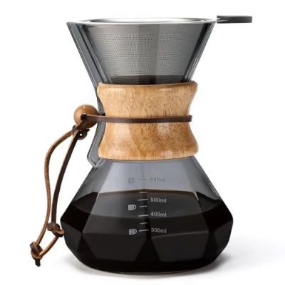 Imagen de Lalord Cafetera con filtro de acero inoxidable, jarra café vidrio borosilicato 600 ml, cuello madera, café, capacidad para 3 4 tazas, gris