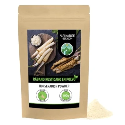 Imagen de polvo de rábano picante (100g), raíz molida, 100% puro, secado y molido suavemente, sin aditivos, vegano