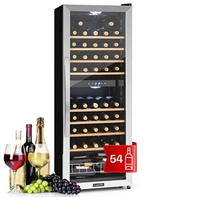Imagen de Klarstein Vinoteca 54 Botellas, Nevera Vinos de Dos Zonas Refrigeración, Expositora Vino y Cerveza, Interior Exterior con Puerta Cristal, Protección UV, 5 18C