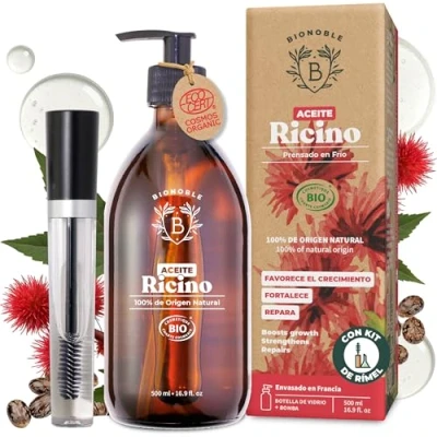 Imagen de Bionoble Aceite de Ricino Orgánico 500ml 100% Puro, Natural y Prensado en Frío Pestañas, Cejas, Cuerpo, Cabello, Barba, Uñas Vegan Castor Oil Botella Vidrio + Bomba Kit Rímel
