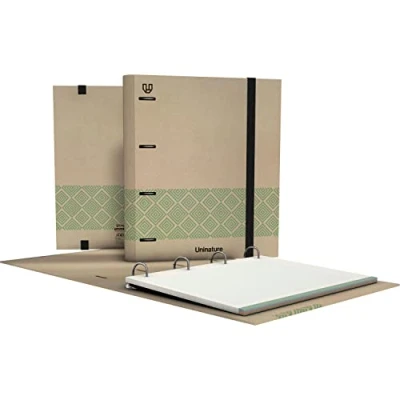 Imagen de Unipapel Carpeta 4 Anillas Ecológica A4 Incluye Recambio 100 Hojas Recicladas 90g Cuadrículas 5x5 Bandas de Color Uninature Concept Verde Certificado FSC Carpebook