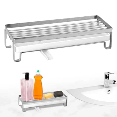 Imagen de organizador de esponjas cocina acero inoxidable con bandeja goteo extraíble, fregadero cabezal giratorio, mantiene accesorios cocina, esponja/cepillo/detergente