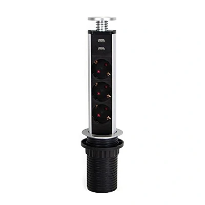 Imagen de Emuca Regletas Enchufe encastrable, Regleta multienchufe retráctil con 3 enchufes schuko EU y 2 Puertos USB, Torre de Vertical empotrable para encimera Cocina o Escritorio