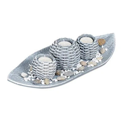 Imagen de Relaxdays Portavelas con Cuenco Decorativo y Velas Pequeñas, Centro de Mesa, DM Arena, 1 Ud, 38,5 cm Largo, Gris