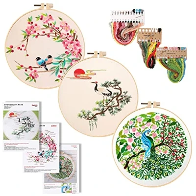 Imagen de Vegena Kit de Inicio Bordado, 3 Juegos Bordar con Patrones e Instrucciones, Bordado Principiantes, Herramienta Punto Cruz,con 1 Aros Bordado,3 Tela Bordada,Hilos Colores