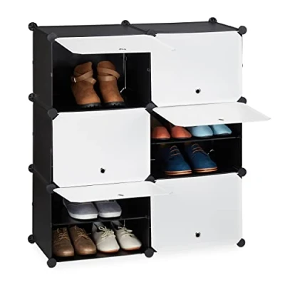 Imagen de Relaxdays Mueble Zapatero Modular, Organizador Zapatos con Puertas, Estantería Cubo 12 Cajones, Plástico, Blanco y Negro, Madera, 1 Unidad
