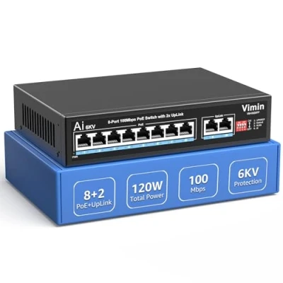 Imagen de Switch PoE 10 Puertos con 8 PoE, VIMIN de Red 10/100 Mbps no Gestionado 2 Enlace Ascendente, Perro Guardián IA, VLAN, Extensión 250 m, 120 W