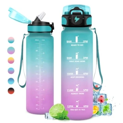 Imagen de Botella Agua 1L, con Pajita, Motivadora y Prueba de Fugas, Deporte Reutilizable, Garrafa para Niño, Niña, Colegio, Preescolar, Guardería, Bicicleta, Fitness