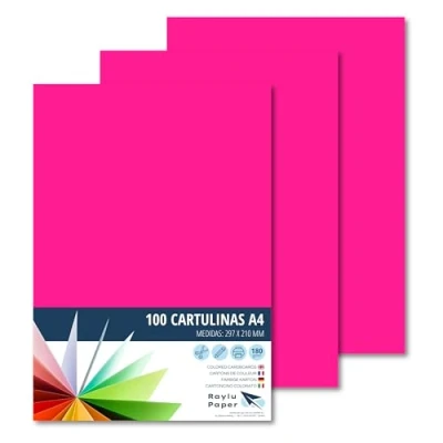 Imagen de Raylu Paper® Cartulinas A4 100 unidades de color Fucsia 180gr 210 x 297 mm, Ideal para encuadernación, trabajos oficina, dibujo, manualidades. aptas uso escolar. (Fucsia)