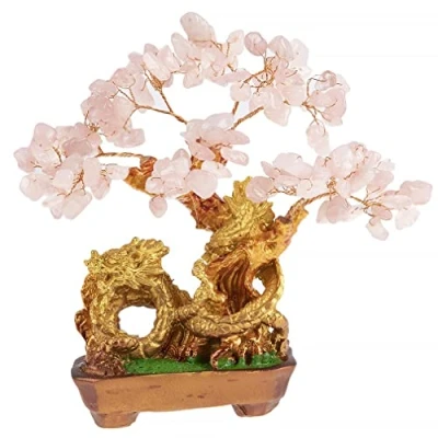 Imagen de lachineuse Árbol dragón de Cuarzo Rosa Feng Shui 19 cm Decoración asiática japonés la Fortuna con Dorado Deco asiático Piedras Preciosas Objeto Japón Zen