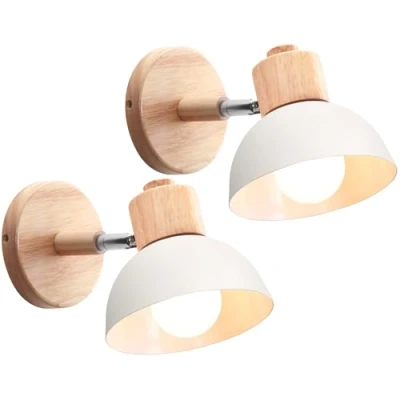 Imagen de iDEGU 2 Piezas Apliques de Pared Moderno, Lámparas para Dormitorio Simple E27 Iluminación Interior Luz en Madera Hierro Ajustable Foco Pasillo Salón Cafetería (Blanco)