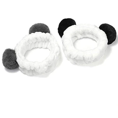 Imagen de Co link Panda Diadema de Forro Polar Suave y elástico con Pompones, para Mujer, 2 Unidades, Color Negro Gris