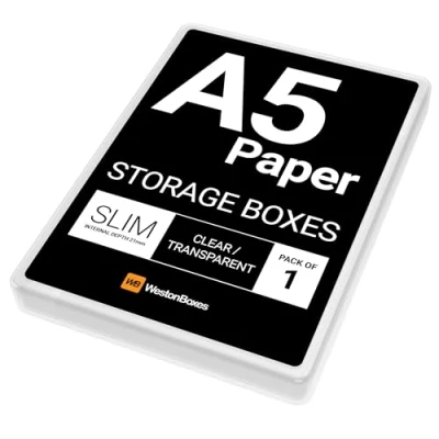 Imagen de WestonBoxes Cajas de presentación plástico delgadas A5 con tapas para papel y suministros fabricación tarjetas (paquete 1, transparente (transparente)