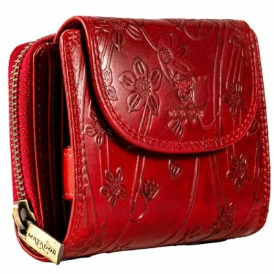 Imagen de MATADOR SARAGOSSA RFID Blocker Cartera de piel para mujer (tamaño grande, con caja regalo), Estampado floral rojo, Clásico