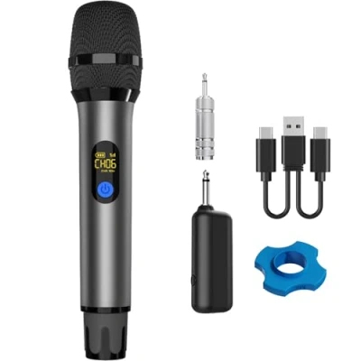 Imagen de VOVIGGOL Micrófono Inalámbrico Profesional 2 en 1, UHF Sistema de Dinámico Mano Metal con Receptor Recargable, para Canto Karaoke, KTV Casero, Boda, DJ, Fiesta, Discurso, 50M