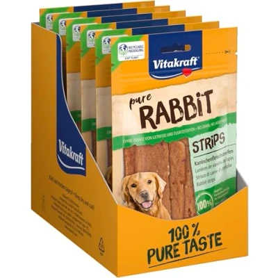 Imagen de Vitakraft Snacks de Carne, Tiras Carne Conejo, golosinas para Perros sin Cereales, con Conejo magra, Ideal como recompensa ententre, azúcar añadido (10 x 80 g)