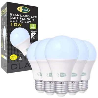 Imagen de CLAR Bombilla Sensor Crepuscular 10W, exterior, con Crepuscular, Noche y Dia, Luz Fría (Pack 5)