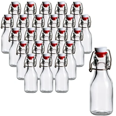 Imagen de gouveo Juego de 24 botellas vidrio redondas 100 ml con tapa abatible botella pequeña para llenar licor, jugo, aceite (BFR100)