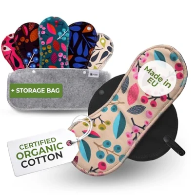 Imagen de Compresas Reutilizables Ecológicas Algodón Orgánico; 6 Pack (tamaños S+M) de Tela Lavables para Mujer HECHAS EN LA UE; Organico con alas menstruación, incontinencia