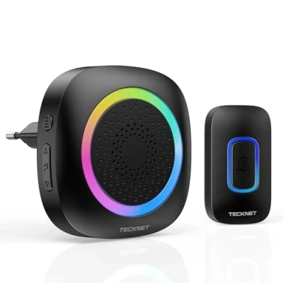 Imagen de TECKNET Timbre Inalámbrico Exterior Impermeable IP66, RGB Inalámbric Alcance 400M Exterior, 5 Niveles de Volumen (0 110dB) y 60 Melodías para Hogar Hotel Oficina, Negro