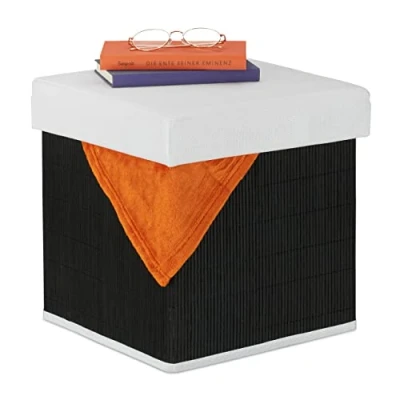 Imagen de Relaxdays Taburete Almacenaje Plegable, Acolchado, 35x35x35 cm, con Tapa, Puff Cuadrado de Bambú, Blanco y Negro