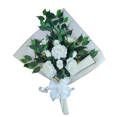 Imagen de DRW Ramo de Flores para Cementerio Artificiales con Jarron Meter en el Bote del 78x63x20 cm (Peonias Blancas)