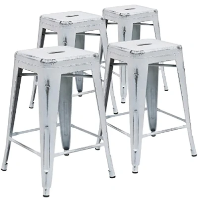 Imagen de Flash Furniture Muebles Paquete de 4 taburetes Altura 24 Pulgadas Alto sin Respaldo Metal Interiores y Exteriores, Plástico, Hierro, Blanco Envejecido, Unidades