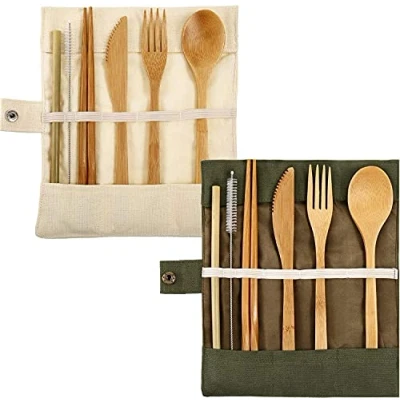 Imagen de Juego de Cubiertos Ecológicos 2 Juegos Utensilios Viaje Incluye Cuchillo Cuchara Tenedor Palillos Pajitas Reutilizables (Beige y Verde)