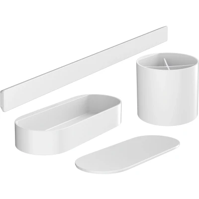 Imagen de hansgrohe WallStoris set de accesorios para cuarto baño, baño sin taladro, 4 piezas, barra mural, cesta con tapa, portacepillos, blanco mate, 27968700