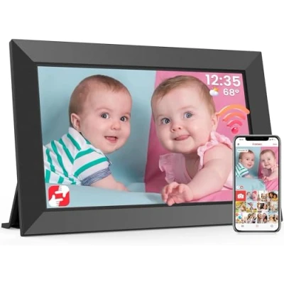 Imagen de Frameo Marco de Fotos Digital WiFi 10.1 Pulgadas, Memoria Incorporada 32GB, HD 1280x800 IPS, Pantalla Táctil para Fotos/Videos, Soporte Multilingüe, Rotación Automática, Montaje en Pared
