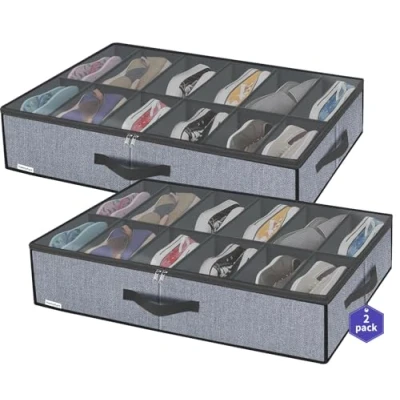 Imagen de homyfort Juego de 2 bolsas almacenamiento para zapatos con ventana transparente, organizador compartimentos, caja debajo la cama, lino gris, XDUBSB2P