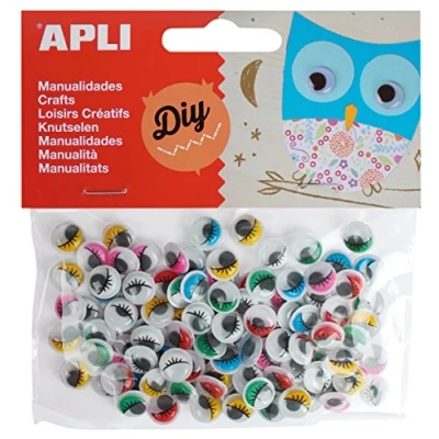 Imagen de APLI Kids 13265 Bolsa ojos móviles colores con pestañas redondos adhesivos, 100 uds