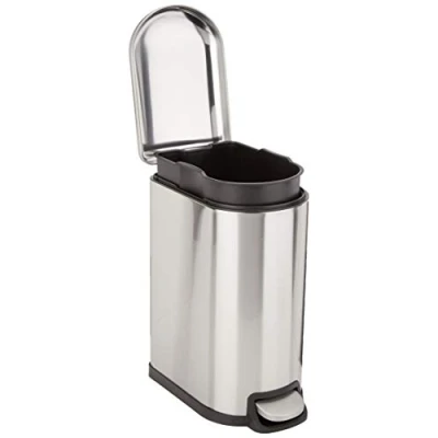 Imagen de Amazon Basics Bote de basura pequeño en forma D resistente a las manchas, pedal cierre suave, para baño, recámara o sala, delgada espacio estrecho, 10 l, acero inoxidable cepillado