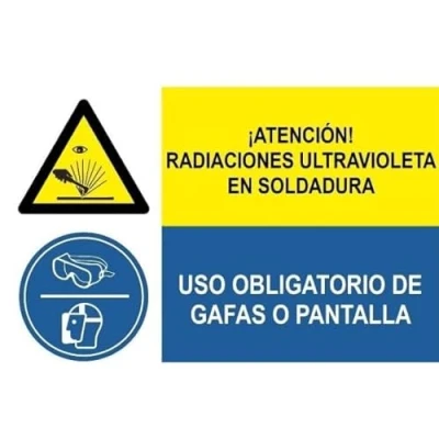 Imagen de Señal combinada Atención radiaciones ultravioleta de soldadura, Uso obligatorio gafas o pantalla SEKURECO