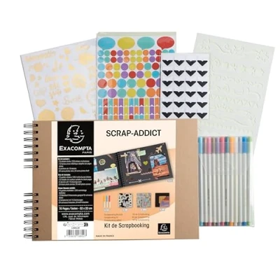 Imagen de Exacompta 16802E Álbum de fotos scrapbooking SCRAP addict espiral 70 páginas negras libro recuerdos para bebé, niño, boda, cumpleaños, viaje con 12 rotuladores tinta metálica