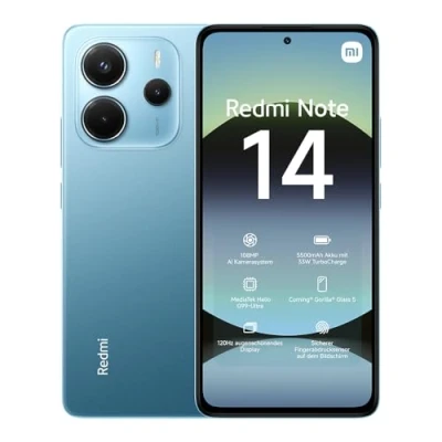 Imagen de Xiaomi Teléfono Inteligente Redmi Note 14, 8+256GB, Azul, Sistema de cámara AI 108 MP, batería 5500 mAh, Pantalla Cuidado Ocular 120 Hz, Funciones IA (no Incluye Cargador)